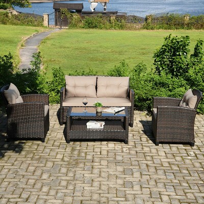 Costway 4PCS Outdoor Rattan Furniture Set Cushioned Sofa Armrest Chair Lower Shelf Brown