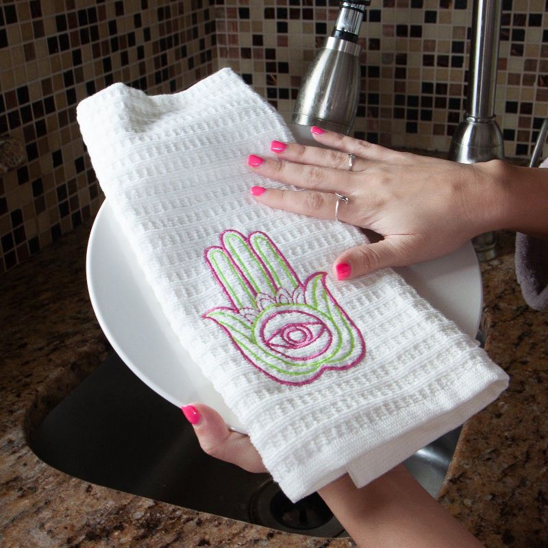 Sloppy Chef Lucky Embroidered Kitchen Towel (2-Piece Set), 16x26, 100% Cotton, Hamsa Design, 5 of 8