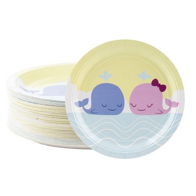 Blue Panda 80-Count Disposable Whales Paper Plates, Gender Reveal Baby Shower Party Supplies Round 9"x9"