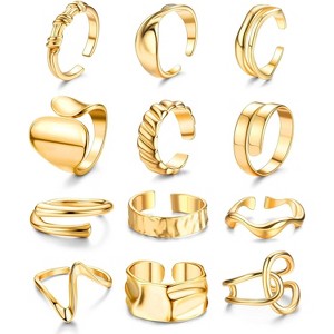 12 Pcs 18K Gold Plated Chunky Ring Set: Adjustable Stacking Open Rings for Women - 1 of 4