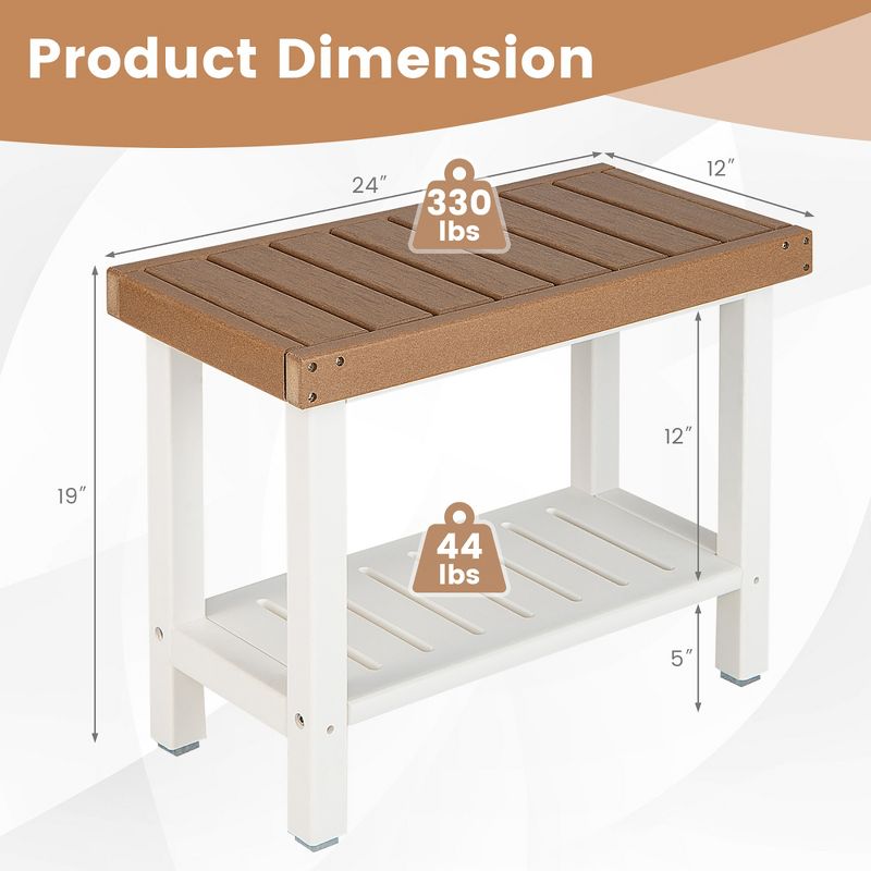 Costway 24" x 12" Heavy Duty Waterproof HDPE Shower Bench Stool with Storage Shelf White/Off White & Brown, 3 of 11