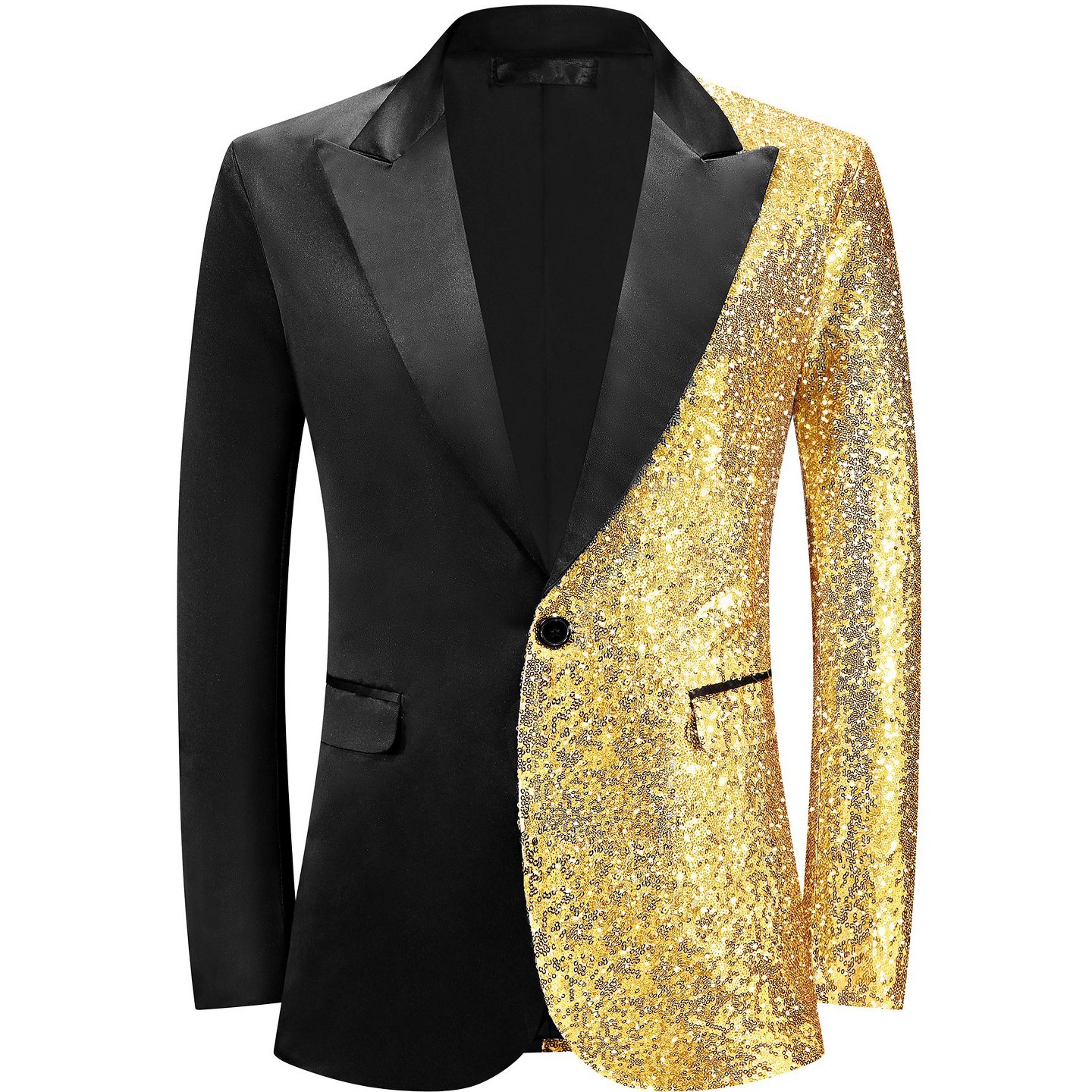 Мужские пиджаки INSPIRE CHIC Color Block Peak Lapel Wedding Sparkly Sequin Blazers Black Golden, цвет: Чёрный — фото 1