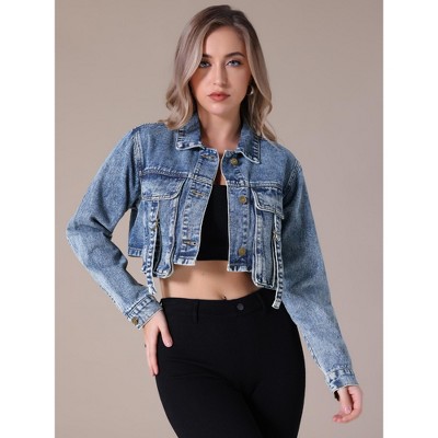 INSPIRE CHIC Women's Crop Turndown Collar Button Down Cargo Pockets Denim Jacket Medium Gray Blue — фото 2