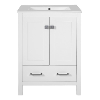 Vynxaria 24-Inch White Bathroom Vanity - Integrated Undermount Ceramic Sink, 2 Soft-Close Doors (Double-Layer Shelves), 1 Divider Drawer