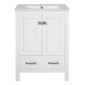 Vynxaria 24-Inch White Bathroom Vanity - Integrated Undermount Ceramic Sink, 2 Soft-Close Doors (Double-Layer Shelves), 1 Divider Drawer - 1 of 4