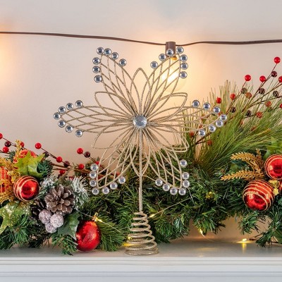 Gold Glitter Metal Flower Tree Topper with Silver Gems