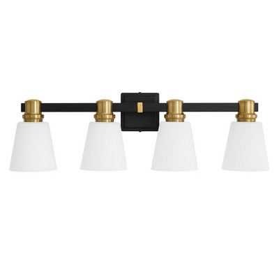 POWLIG 30-in 4-Light Black&Gold Modern Dimmable Vanity Light with Cone Milk White Glass Shade Suitable for Bathroom Living Room