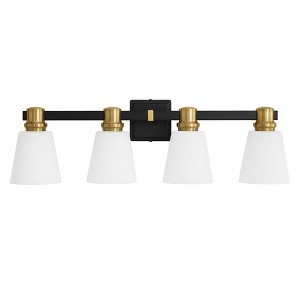 POWLIG 30-in 4-Light Black&Gold Modern Dimmable Vanity Light with Cone Milk White Glass Shade Suitable for Bathroom Living Room - 1 of 4