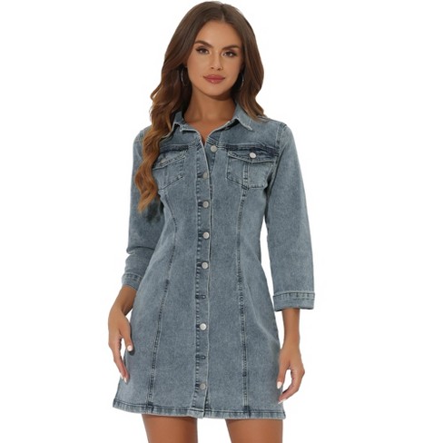 Allegra K Women's 3/4 Sleeve Button Down Denim Shirt Dress - image 1 of 4