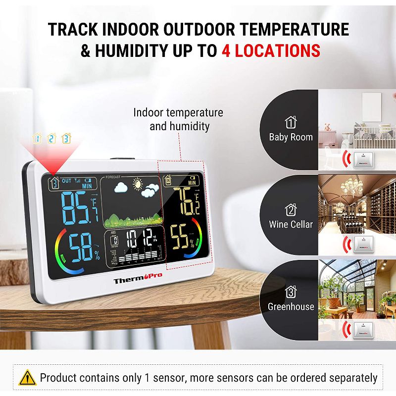 ThermoPro TP68B Weather Station 500ft Indoor Outdoor Thermometer Wireless, Hygrometer Barometer with Temperature Humidity Sensor, 4 of 8