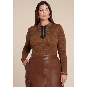 ELOQUII Polo Sweater With Leather Trim - 1 of 4