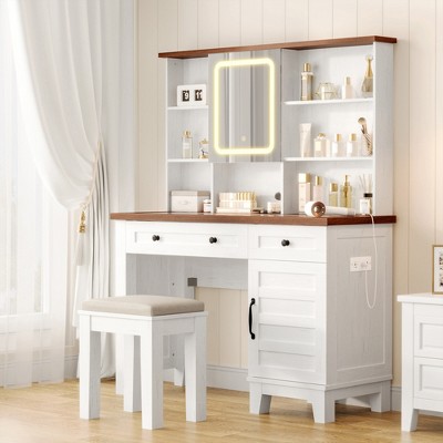 42'' Large Makeup Vanity Set, Farmhouse Vanity Desk with Lighted Mirror, Clear Glass Tabletop & Stool, Wood Dressing Table for Bedroom