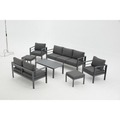 Cesicia 7-Piece Patio Sofa Set with Coffee Table for Backyard, Porch & Poolside，Black Frame and Brown Cushions