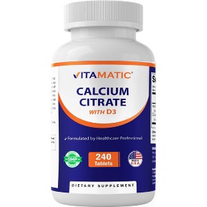 Vitamatic Calcium Citrate with Vitamin D3 – 240 Tablets – High Absorption Calcium Citrate with D3 – Non-GMO, Gluten-Free - 1 of 4