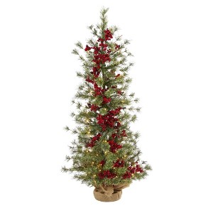 Nearly Natural 4’ Berry and Pine Prelit Artificial Christmas Tree with Burlap Wrapped Base - 1 of 1