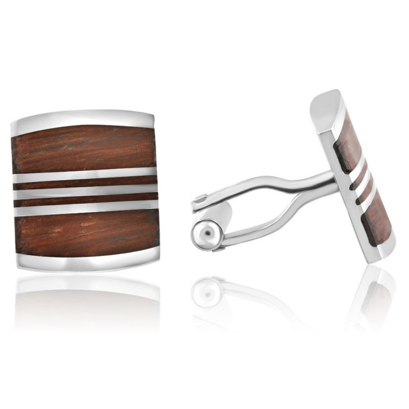 Pompeii3 Men's Stainless Steel And Drift Wood Brown Square Polished 18mm Cufflink, 2 of 4