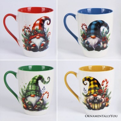 Cheerful Holiday Gnome Eclectic Ceramic Mug Set of 4, Christmas Coffee Cups for a Tableware Gift| OrnamentallyYou