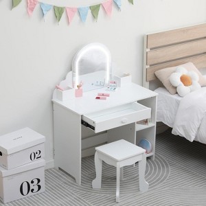 Kids Vanity with Lighted Mirror, 2 In 1 Little Girls Vanity Table & Stool, Kids Makeup with Drawer & Open Shelves for 3-9 Yrs Girls - 1 of 4