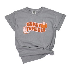 Simply Sage Market Women's Howdy Pumpkin Boots Short Sleeve Garment Dyed Tee - 1 of 2