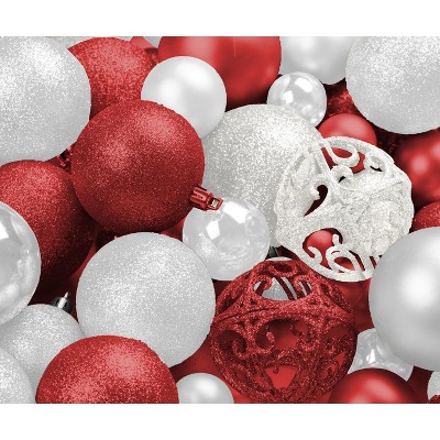 Red and White Shatterproof Christmas Ornament Set with Metal Hooks