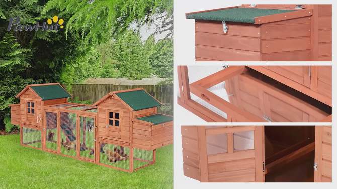 PawHut 124" Dual Chicken Coop, Wooden Large Chicken House, or Rabbit Hutch, Hen Poultry Cage Backyard with Outdoor Ramps and Nesting Boxes, 2 of 10, play video