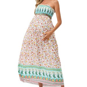 Women's Maternity Summer Sleeveless Maxi Dress Casual Smocked Strapless Floral Flowy Tube Top Dress Photoshoot Baby Shower - 1 of 4
