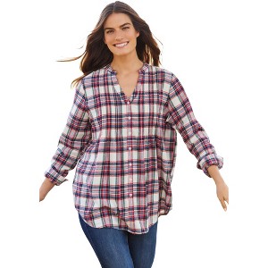 Woman Within Women's Plus Size Pintucked Flannel Shirt - 1 of 4