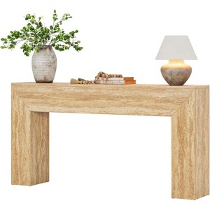 63" Long Wooden Entryway Table, Narrow Console Table with Faux Travertine Finish and Heavy Duty Legs, Rectangular Sofa Table Behind Couch - 1 of 4