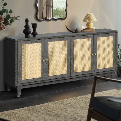 NicBex 59.8 Inch Rattan Storage Cabinet with 4 Rattan Doors and Adjustable Shelves for Living Room,Kitchen,Office,Entryway