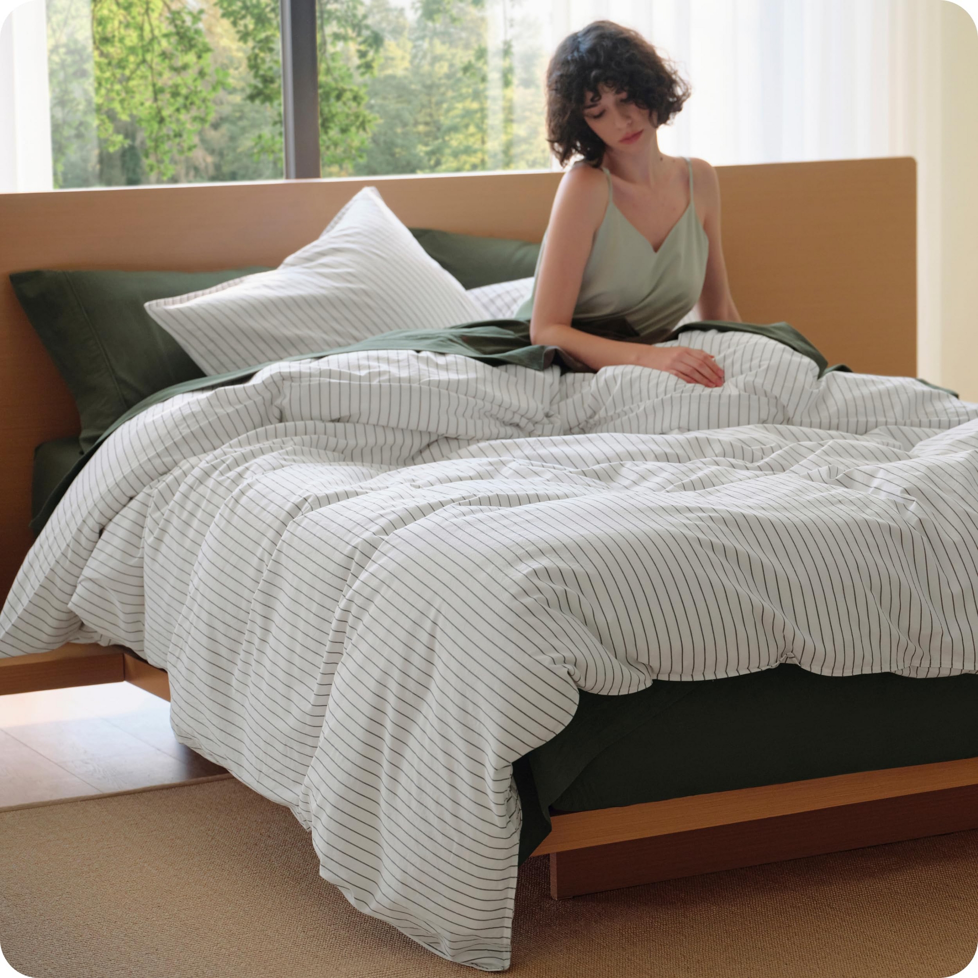 Bedsure Striped Duvet Cover Set, 100% Washed Cotton Linen Like Reversible Yarn Dyed Bedding Set, 3 Piece with Zipper, All Season, White Queen