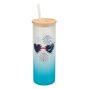 Elanze Designs 25 Ounce Frosted Glass Gradient Travel Tumbler With Straw and Wooden Lid, Patriotic Sunglasses Sky Blue - 1 of 1