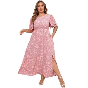 Plus Size Women's Tiered Ruffle Sleeve Maxi Dress with High Slit Elegant Long Flowy Party Dress - 1 of 4