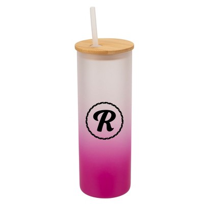 Elanze Designs R Monogram Letter Initial Rope Circle Wrap-Around Design 25 Ounce Frosted Gradient Glass On-The-Go Coffee Travel Skinny Tumbler Mug