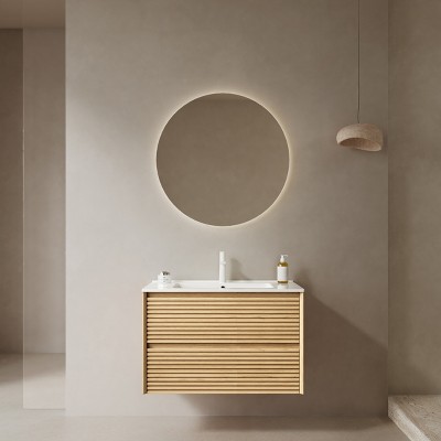 Vynxaria 30" Modern Wall-Mounted Bathroom Vanity with Sink, 2 Drawers, White Ceramic Basin, Pre-assembled, Corolla Oak