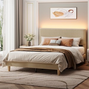Bestier Corduroy Upholstered Queen Bed Frame with Adjustable Headboard, Platform Bed Frame with LED Light, Solid Wood Slats, No Box Spring Needed - 1 of 4
