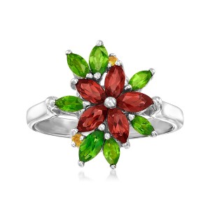 Ross-Simons 1.20 ct. t.w. Garnet Flower Ring With .90 ct. t.w. Chrome Diopsides and Citrine Accents in Sterling Silver - 1 of 4