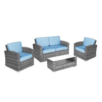 Bahia 4pc Outdoor Wicker Sofa Seating Set with Cushions - Gray/Light Blue - Thy-Hom