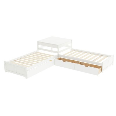 Twin Size Wood Platform Bed Frame, Triple Bed with Twin Trundle Bed, Drawers and Built-in Desk -ModernLuxe