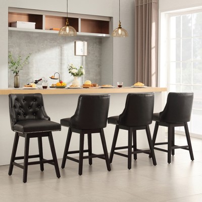 Gericco Swivel Bar Stools, 26" Faux Leather Upholstered Swivel Counter Stools, Modern Kitchen Island Stools with Solid Wood Legs, Black