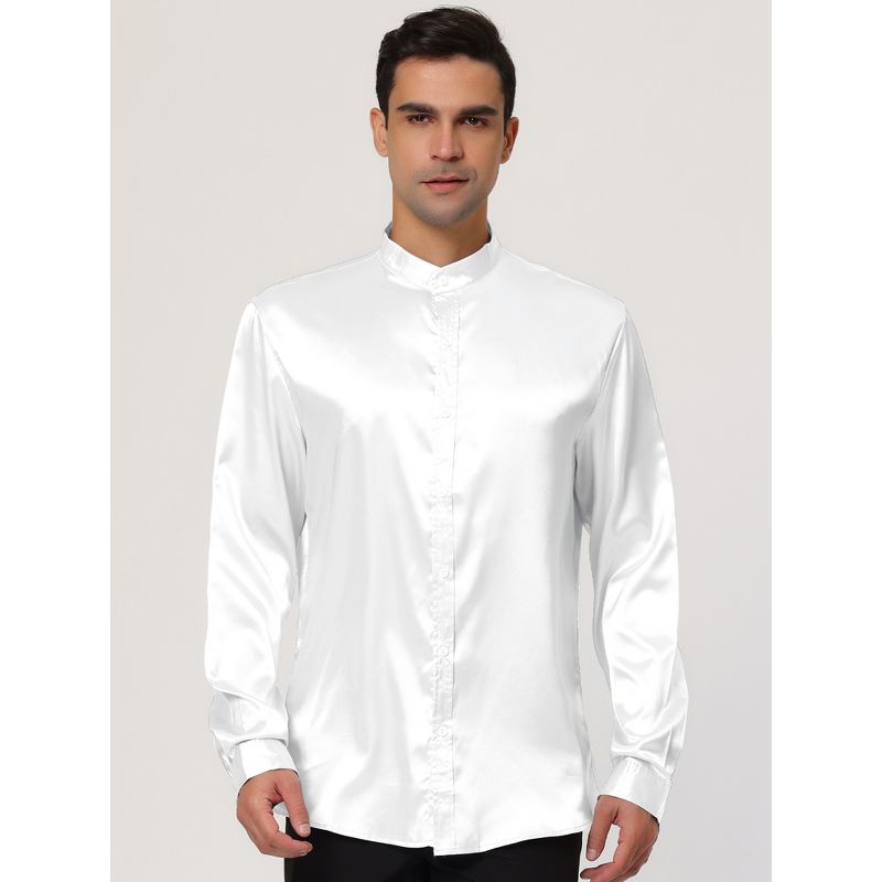 Lars Amadeus Men's Long Sleeves Band Collar Button Down Solid Prom Satin Shirts, 3 of 7