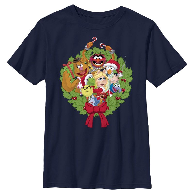 Boy's The Muppets Christmas Wreath Group Shot T-Shirt, 1 of 6
