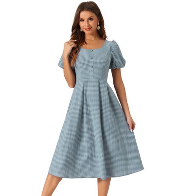 Allegra K Women's Plaid Summer Pleated Back Button Decor Puff Sleeve Maxi Dress