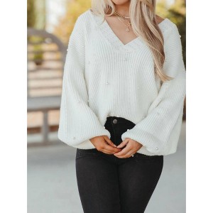 Women's VNECK PEARL SWEATER - POL - 1 of 4