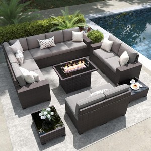 LayinSun 13 Pieces Outdoor Patio Furniture Set with 44" Fire Pit Table Rattan Sectional Sofa Conversation Sets - 1 of 4