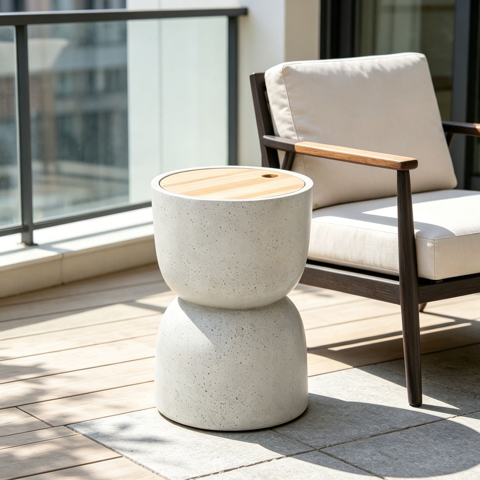 Patio End Table with Storage&Wooden lid, Indoor&Outdoor Side Table MGO Weather-Resistant Accent Table, No Assembly, Beige+Natural - ModernLuxe