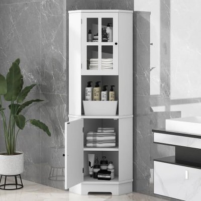 MDF Bathroom Corner Cabinet with Glass Doors, Open & Closed Storage, Adjustable Shelves, Anti-Tip Design, Space-Saving Right Angle, White