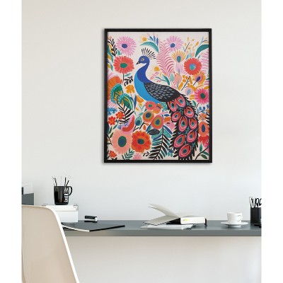 Bright Colorful Boho Peacock and Botanicals Print with Black Frame