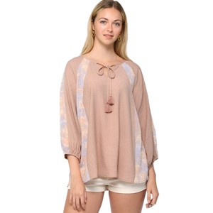 Slickblue Women's Crinkle Woven Top, Print Mix Raglan Sleeve with Tassel Tie, Casual Style Blouse, Light Mauve, S-L - 1 of 4