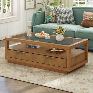 Modern Wood Coffee Table with 2 Drawers, Minimalist Display Coffee Table with Transparent Tempered Glass - 1 of 4