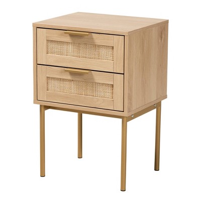 Japandi Light Brown Wood and Gold Metal 2-Drawer End Table with Rattan Fronts